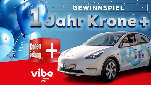 Gewinnen Sie einen Tesla Model Y im Jahresabo von vibe - Österreichs erstem E-Auto Abo Anbieter! (Bild: Krone Kreativ, Vibe)