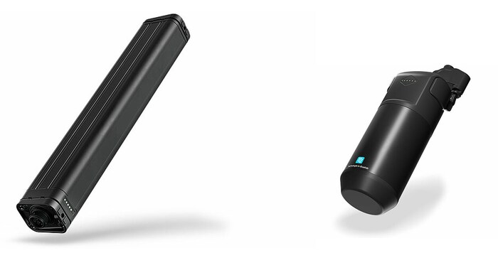 Die beiden Akkus: der integrierte 360 Wh Akku (li.) und der Range Extender mit 160 Wh ...