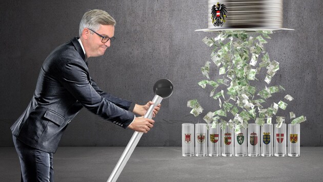 Der Finanzminister am Hebel. Der „Geldregen“ Richtung Länder und Gemeinden hat aber seine Tücken. (Bild: Krone KREATIV, stock.adobe.com, SEPA.Media/Martin Juen)