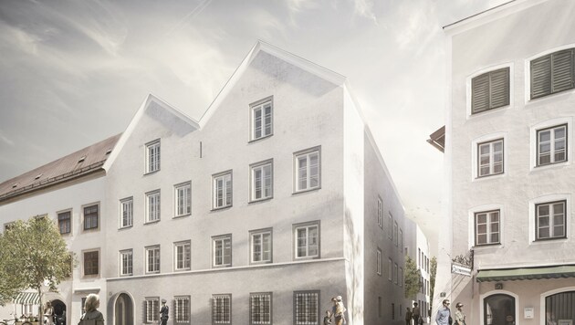 3D-Ansicht des Plans (ohne Mahnstein davor) zeigt, wie das heutige Hitlerhaus in Zukunft aussehen soll. (Bild: Marte.Marte)