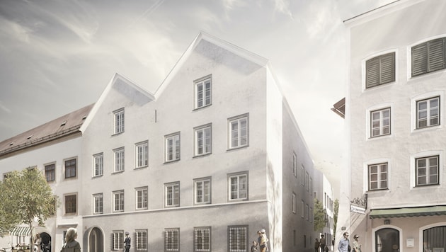 3D-Ansicht des Plans (ohne Mahnstein davor) zeigt, wie das heutige Hitlerhaus in Zukunft aussehen soll.