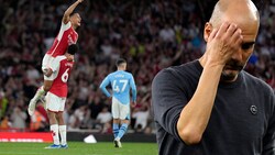 Arsenal London jubelt über den Sieg gegen ManCity und Trainer Pep Guardiola. (Bild: AP)