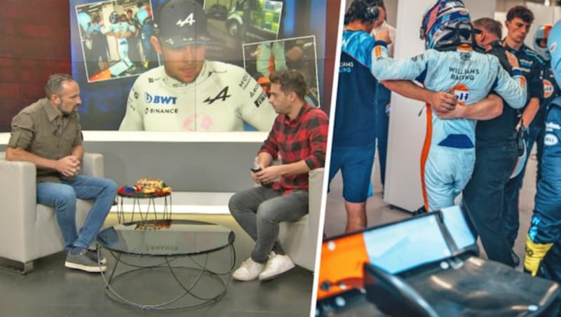 Alex Hofstetter (links) und Michael Fally sprechen in „Krone oder Kasperl“ unter anderem über den Formel-1-Grand-Prix von Katar. (Bild: krone.tv, Twitter.com/Williams Racing)