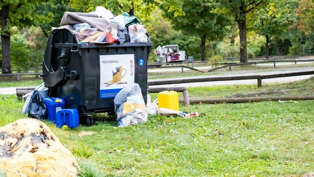 Neben „normalem“ Müll haben die Durchreisenden auch wieder jede Menge Kanister, eine Waschmaschine und auch ein Notstromaggregat achtlos in die Wiese geworfen. (Bild: Einöder Horst)