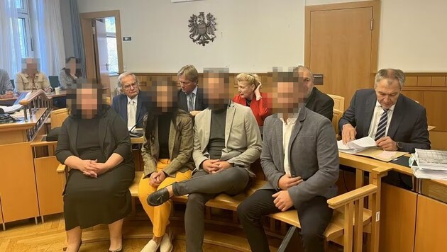 Vier der acht angeklagten Familienmitglieder im Wiener Landesgericht (Bild: Pratschner Sophie, Krone KREATIV)