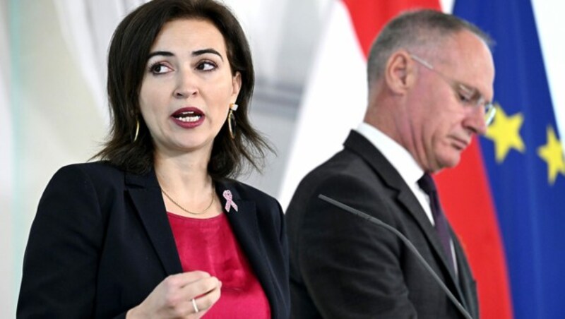 Justizministerin Alma Zadic und Innenminister Gerhard Karner bei der Präsentation der neuen Nationalen Anti-Korruptions-Strategie (Bild: APA/HANS KLAUS TECHT)