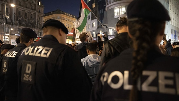 Massive Polizeipräsenz bei Palästinenser-Demo am Stephansplatz in Wien. (Bild: APA/TOBIAS STEINMAURER)