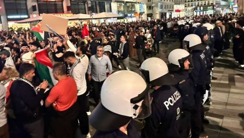 Unter befremdlich wirkenden „Allahu akbar“-Rufen wollten die Demonstranten Richtung Ballhausplatz marschieren. (Bild: krone.tv)