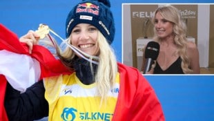 Anna Gasser spricht mit krone.tv über ihre „kleine“ WM-Medaille. (Bild: GEPA, krone.tv)