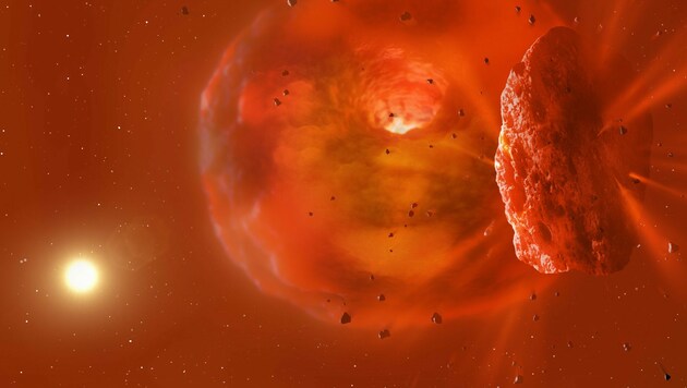 Künstlerische Darstellung: Der Crash der Gasplaneten erzeugte eine Donut-förmigen Wolke, die durch die Hitze mattrot leuchtet. Ein Asteroid (rechts) und kleinere Trümmer der Kollision befinden sich vor ihr, der Mutterstern ASASSN-21qj links ihr.