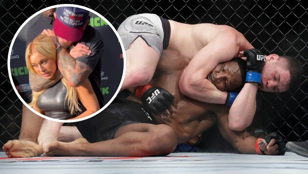 Im MMA werden Würgegriffe eingesetzt, Erotik-Model Elle Brooke (kl. Bild) unterzog sich einem „Test“. (Bild: Jeff Chiu/AP/picturedesk.com, Instagram/thedumbledong, Krone KREATIV)