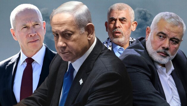 Israel um Gallant und Netanjahu steht den Hamas-Führern Sinwar und Haniyya (v. li.) gegenüber.