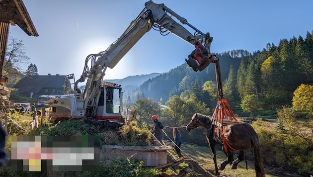 Zum Glück war in der Nähe des Bauernhofs gerade ein Bagger abgestellt. (Bild: FF Leoben)