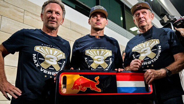 Christian Horner, Max Verstappen und Helmut Marko (von li. nach re.)