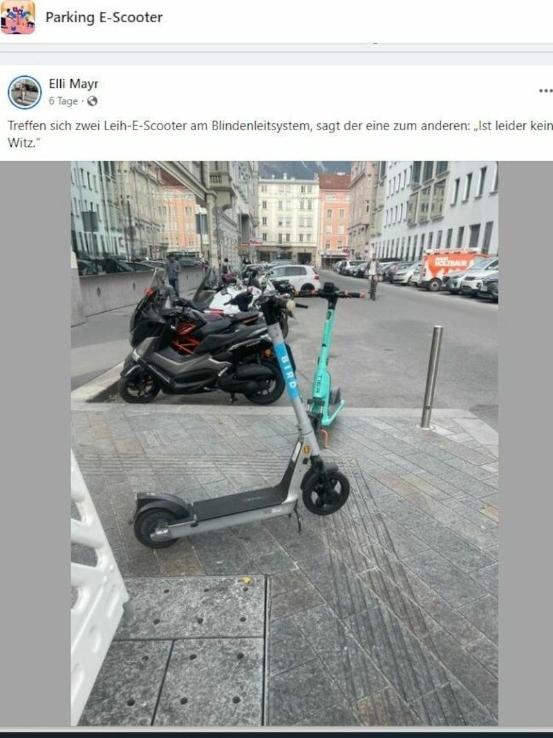 Parkplatz Blindenleitsystem: Das Foto postete SP-StRadträtin Elisabeth Mayr auf der Facebook-Seite „Parking E-Scooter“ (Bild: Repro/Facebook)