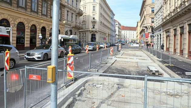 Wo in der Schwarzenberggasse die 19 neuen Bäume gepflanzt werden sollen, ist schon ersichtlich. (Bild: Zwefo)