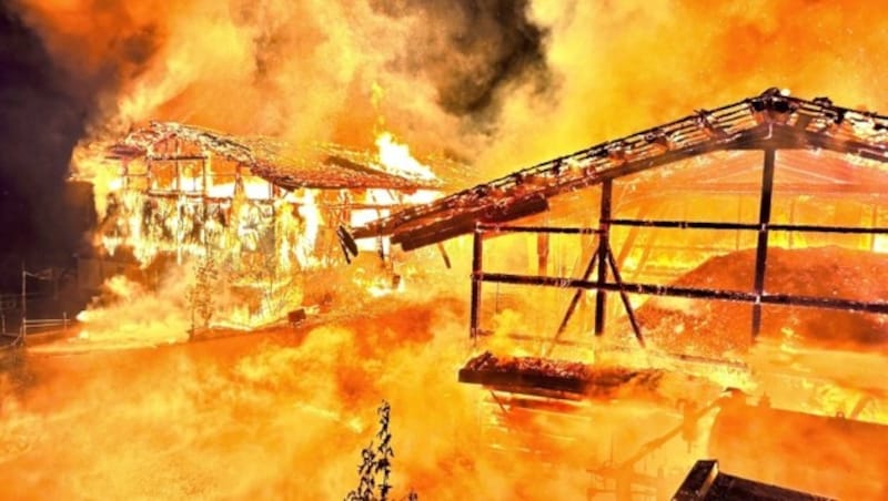 Das Feuer entzündete sich am Montag gegen 22 Uhr und entwickelte sich schnell zu einem Großbrand. (Bild: zoom.tirol)