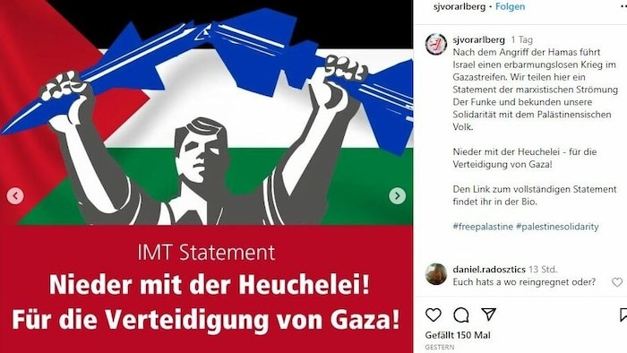 Die SJ Vorarlberg hat ein Pro-Palästina-Posting geteilt und erntet dafür scharfe Kritik.