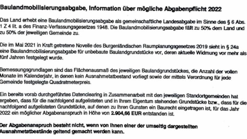 Betroffene Grundbesitzer erhalten derzeit solche Schreiben vom Land, nicht immer ist aber der Abgabenbetrag richtig. (Bild: Privat)