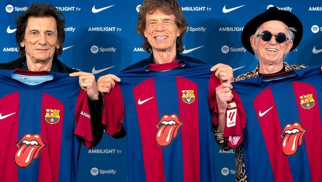 Ron Wood, Mick Jagger und Keith Richards (von links) kooperieren für den „Clasico“ mit dem FC Barcelona. (Bild: Facebook.com/FC Barcelona)