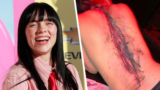 Billie Eilish hat eine Vorliebe für außergewöhnliche Tattoos. Nun überraschte sie ihre Fans mit einem Riesen-Rücken-Tattoo (Bild: APA/AFP/Michael Tran, https://www.instagram.com/billieeilish, Krone KREATIV)