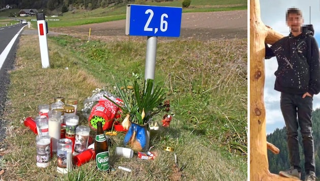 Freunde gedenken an der Unfallstelle (o.) des 23-jährigen Murtalers (re.), der auf der B 75 von einem stark alkoholisierten Lenker von hinten erfasst und getötet wurde. (Bild: Krone KREATIV)
