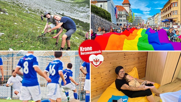 Egal ob Pride Tirol, Arche Herzensbrücken, ESC Imst oder der Verein Soccer Team Tirol: Sie alle geben ihr Bestes, um für ihre Mitmenschen da zu sein. Das macht Tirol zu einem schöneren Ort, oder wie es der Landeshauptmann ausdrückt: Ohne sie wäre unser Land nicht dasselbe. (Bild: Alpenpark Karwendel, Pride Verein Tirol/HOSI Tirol, Christof Birbaumer, Arche Herzensbrücken)