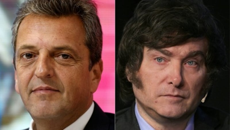 Der Wirtschaftsminister von der linken Unión por la Patria (Vaterlandsunion) Sergio Massa (links) und der libertäre Populist Javier Milei (rechts). (Bild: APA/AFP/JUAN MABROMATA, Tomas CUESTA)