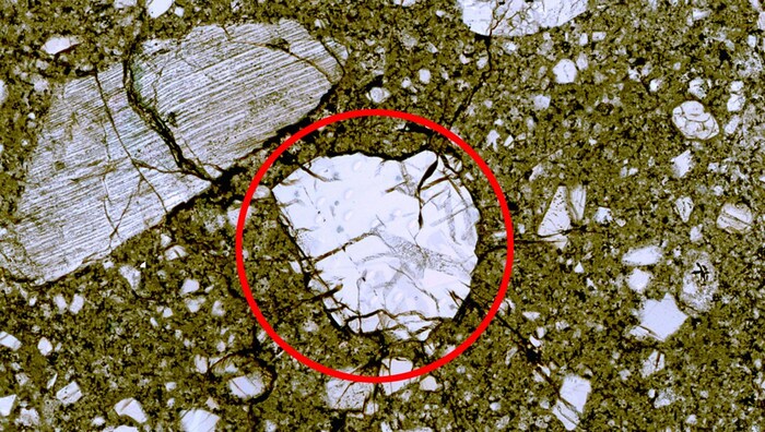 Ein deformierter Mondzirkon (rot markiert) im Mondstaub