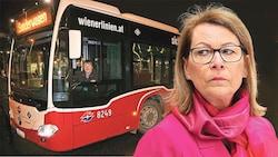 Alexandra Reinagl (Wiener Linien) wird vom langjährigen Gewerkschafter Herbert Weidenauer (im Bus) geklagt. (Bild: Zwefo, Peter Tomschi, Krone KREATIV)