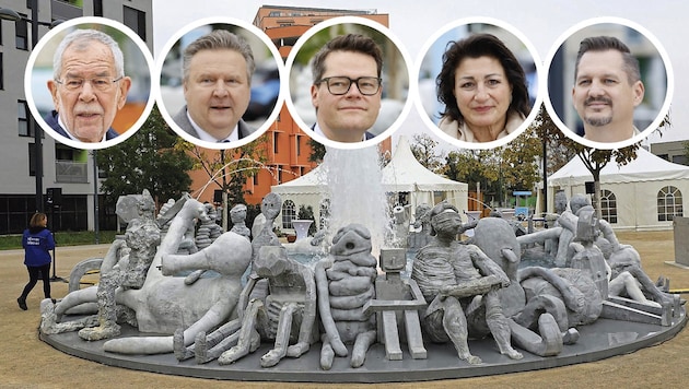 Viele Ehrengäste weihten den Brunnen ein: Bundespräsident Alexander Van der Bellen, Bürgermeister Michael Ludwig, Klimastadtrat Jürgen Czernohorszky, Veronica Kaup-Hasler und Bezirksvorsteher Marcus Franz (von links nach rechts). (Bild: Groh Krone KREATIV,)