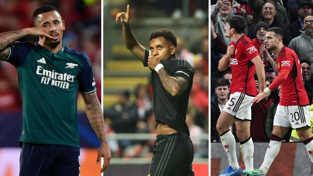 Gabriel Jesus, Rodrygo und Harry Maguire trafen für ihre Klubs. (Bild: APA/AFP/Paul ELLIS/CRISTINA QUICLER/AP Photo/Luis Vieira)