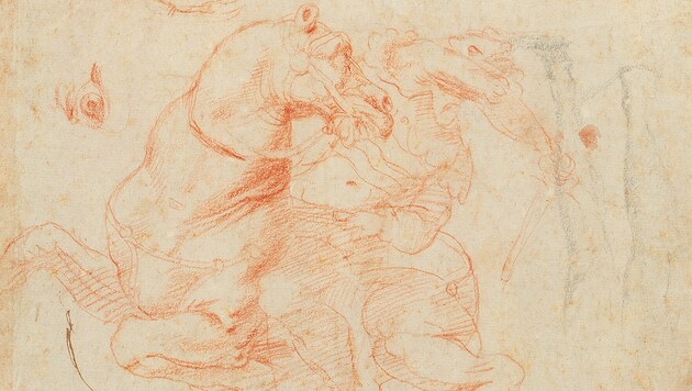 Raffaello Santi, genannt Raffael (Urbino 1483 - 1520 Rom) Studie für die Schlacht an der Milvischen Brücke: ein Reiter und Kopf und Auge eines Pferdes, rote Kreide und Feder auf Papier, 22 x 24 cm (Bild: Dorotheum)