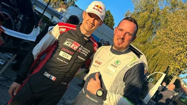 Co-Pilot Gerald Winter (re.) mit dem achtfachen Weltmeister Sébastien Ogier. (Bild: ZVG)