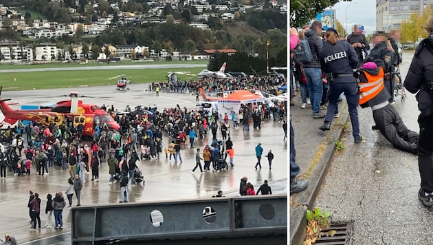 Am Nationalfeiertag findet in Innsbruck das große Flughafenfest statt. Klimaaktivisten blockierten die Zufahrtsstraße zum Airport und wurden von der Polizei entfernt. (Bild: Letzte Generation Österreich, Samuel Thurner)