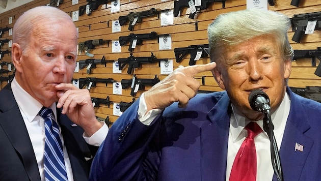 Joe Biden will schärfere Waffengesetze, NRA-Freund Donald Trump hält das für Unfug. (Bild: APA/picturedesk.com (2), Krone KREATIV)