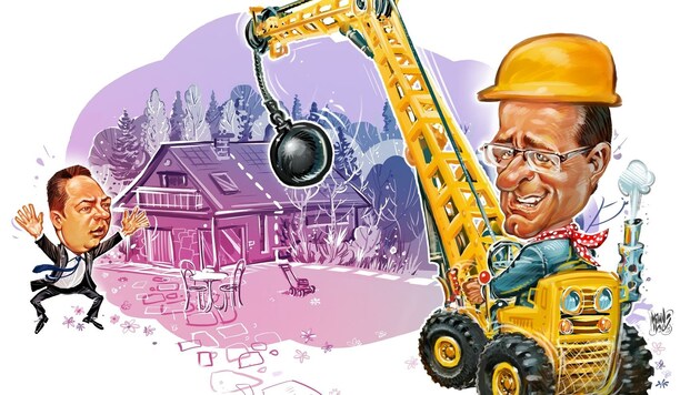 Karikatur (mit Raumordnungs-Landesrat Markus Achleitner, ÖVP, und Baurechtsreferent LH-Vize Manfred Haimbuchner, FPÖ. (Bild: Ilic Milan A.)