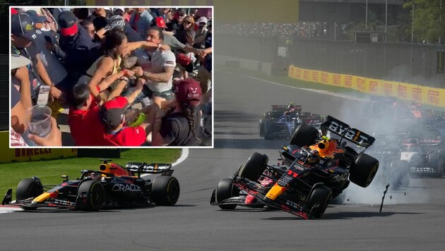 Während des Formel-1-Rennens in Mexiko kam es zu einer Schlägerei zwischen Fans auf der Tribüne. War der Startunfall schuld? (Bild: Associated Press, twitter.com/rubsX1, krone.at-kreativ)