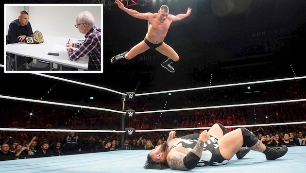 So spektakulär fliegt Gunther durch den Wrestling-Ring. (Bild: Andrew Timms, krone.at-grafik)