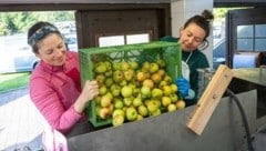 Martina Erhard und Anita Pfannhauser (re.) beim Waschen ihrer mitgebrachten Äpfel. (Bild: Kerstin Joensson)