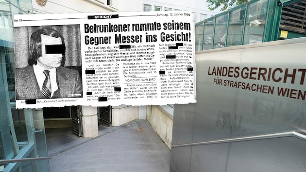 Zig Vorstrafen sammelte der Angeklagte in seinem Leben. Eine wegen Mordes - die „Krone“ berichtete schon damals. (Bild: APA/HANS PUNZ, „Krone“, Krone KREATIV)