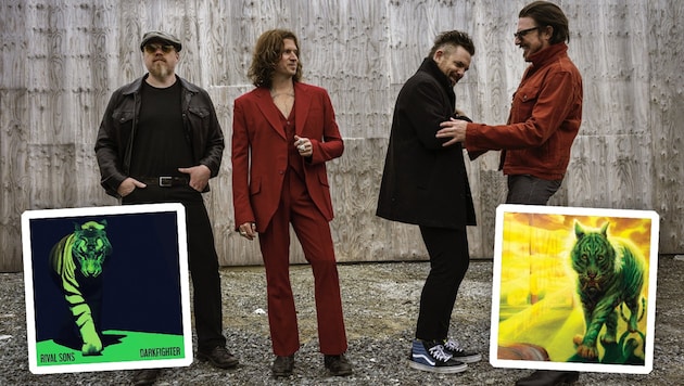 Doppelt hält besser. Die Rival Sons rund um Sänger Jay Buchanan (2.v.l.) haben heuer gleich zwei Alben veröffentlicht (Bild: Patrick Skoglöw, Atlantic Records (2) Krone KREATIV,)