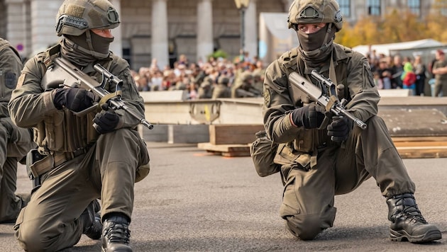 Bundesheer und Polizei sicherten den Wiener Heldenplatz ab, die Justizwache marschierte mit Trainingsgerät auf. (Bild: SEPA.Media | Isabelle Ouvrard)