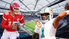 Patrick Mahomes (l.) und Tua Tagovailoa duellieren sich in Frankfurt. (Bild: GEPA pictures, APA/AFP/GETTY IMAGES/JAMIE SQUIRE/Rich Storry)