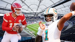 Patrick Mahomes (l.) und Tua Tagovailoa duellieren sich in Frankfurt. (Bild: GEPA pictures, APA/AFP/GETTY IMAGES/JAMIE SQUIRE/Rich Storry)