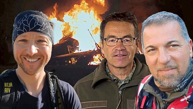 Kaum der Flammenhölle entkommen, machte die Crew dieses Foto vom brennenden Hubschrauber. Nicht zu glauben, dass alle dieses Inferno beinahe unversehrt überlebt haben. (Bild: Hannes Wallner, zVG, Krone KREATIV)