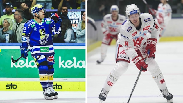 VSV-Topscorer John Hughes und KAC-Ass Nick Petersen. (Bild: GEPA)