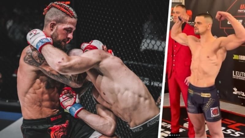 Bogdan Grad (right) and Co. march up to the official weigh-in. Schordje (left) is fired up for his fight against Vito Spic. (Bild: CFS (2), Krone KREATIV)