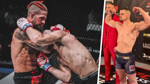 Bogdan Grad (right) and Co. march up to the official weigh-in on Thursday. Schordje (left) is eager for his fight against Vito Spic. (Bild: CFS (2), Krone KREATIV)