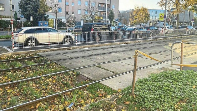 Direkt vor der Volksschule Langobardenstraße quert eine Straßenbahn. (Bild: privat)